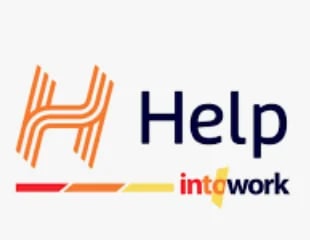 Help intowork logo featuring an orange H shape and colorful banner with red, orange, and yellow stripes