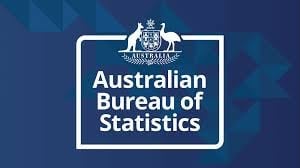 Australian Bureau of Statistics logo with coat of arms on blue geometric background